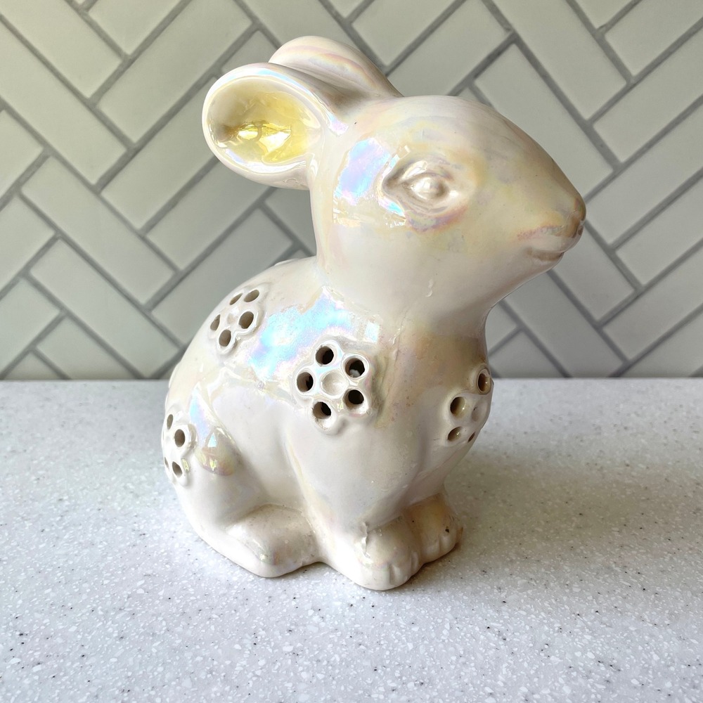 Iridescent‎ Ceramic Bunny Figurine Pearlescent Rabbit Tea Light Holder Luminary